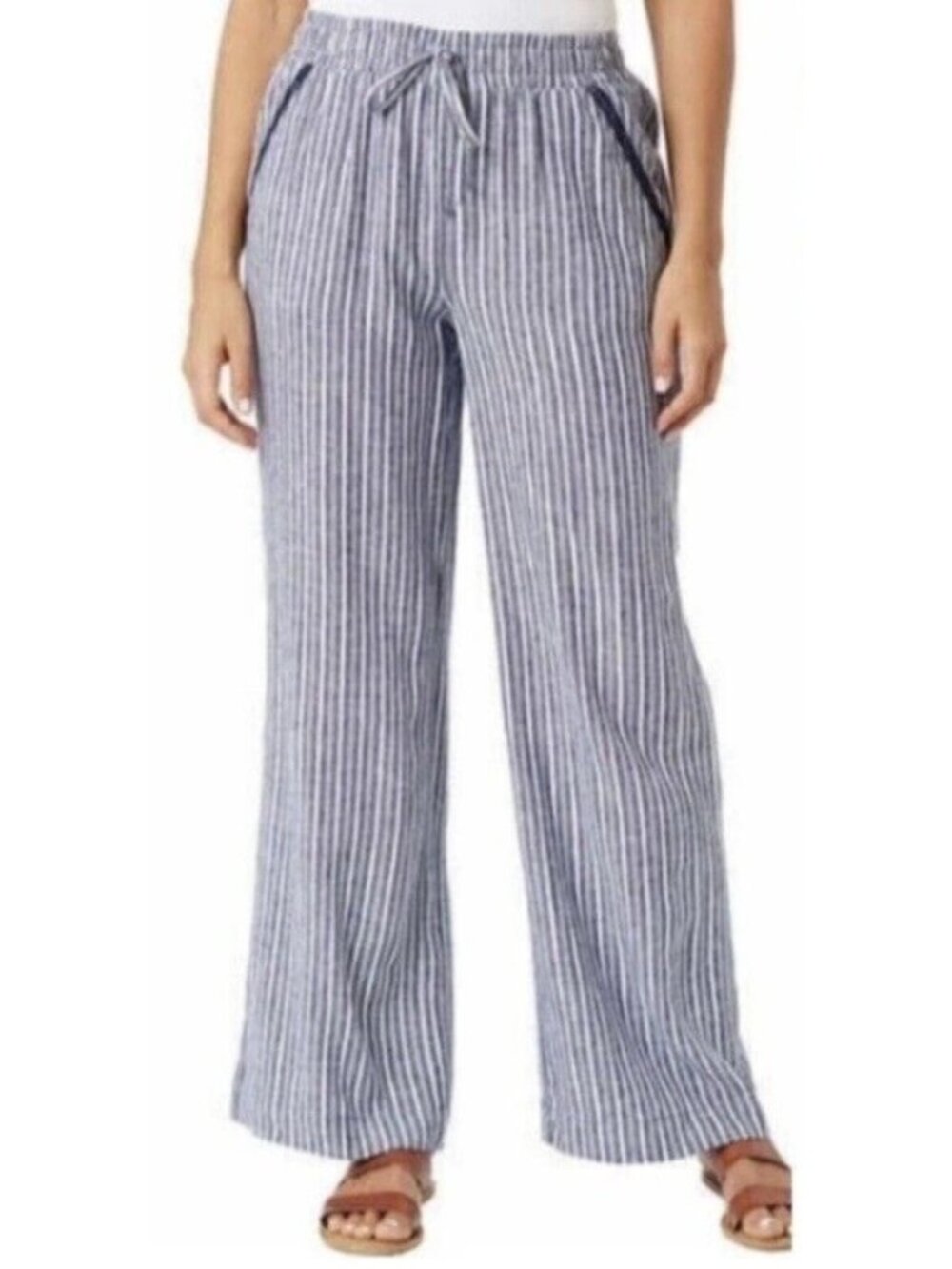 NWT Briggs Women's L Striped Linen-Blend Wide-Leg Pants Blue